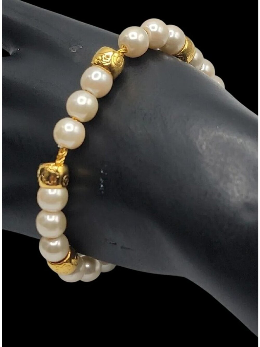Vintage LCI Liz Claiborne Faux Pearl Gold Tone Bead Bracelet 1990s 7.5" Cable - Picture 5 of 13